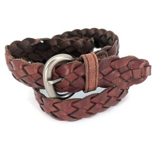 American Eagle Womens Brown Woven Leather Belt Oval Buckle Preppy Boho 90s Indie